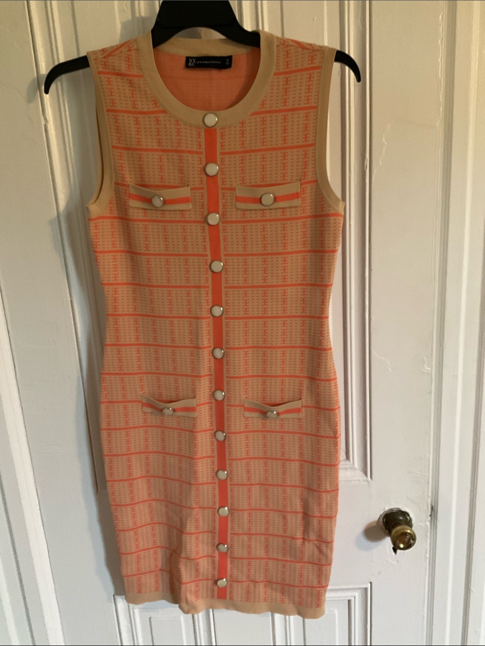 New York & Company Peach and Cream Button Front Quiet Luxury Shift Dress